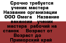 Срочно требуется ученик мастера › Название организации ­ ООО Омега › Название вакансии ­ ученик мастера, рабочий на станок. › Возраст от ­ 20 › Возраст до ­ 55 - Приморский край, Артем г. Работа » Вакансии   . Приморский край,Артем г.